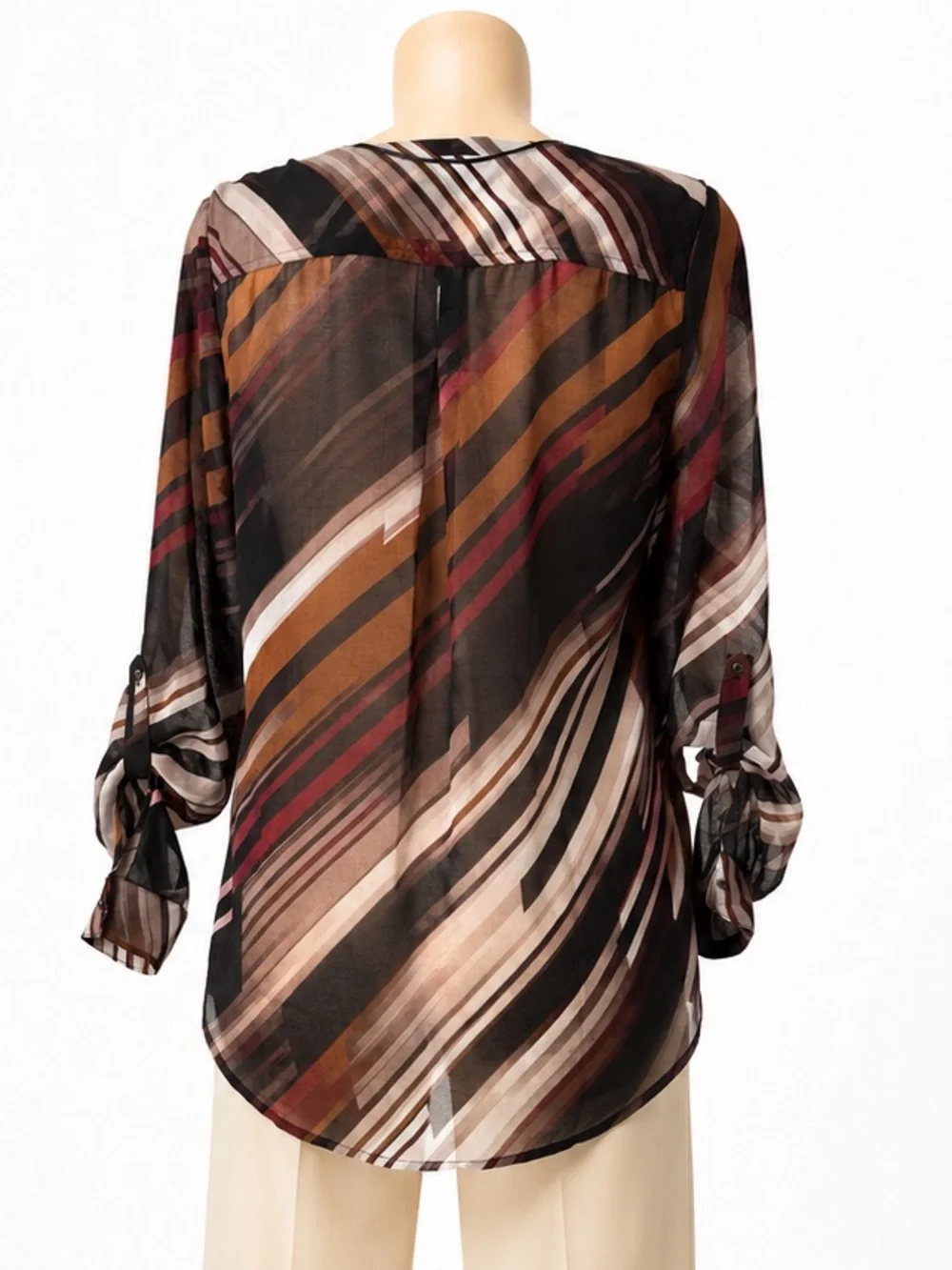 La Château Abstract Sheer Blouse Medium | Roll Tab Sleeve Career Chic Top - Picture 4 of 8